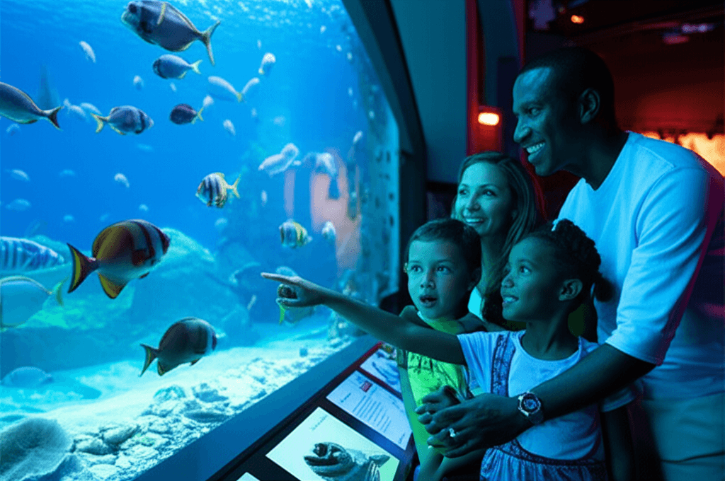 Family enjoying an aquarium attraction
